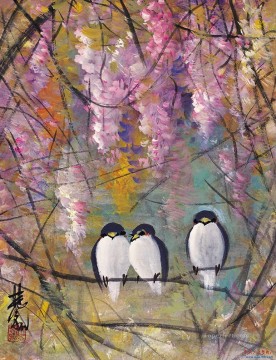 花 鳥 Painting - ピンクの花の古い中国のインクの鳥